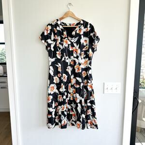 ST. JOHN Silk Floral Mod Print Neck Tie Short Sleeve Midi Dress Black 10 NWT